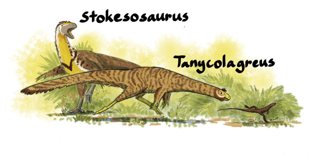 Tanycolagreus chases after a tasty looking lizard without any regard for fellow dinosaurs on their morning walk. Stokesosaurus is annoyed by such inconsiderate behavior.
