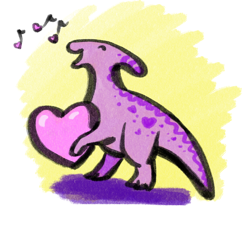 A pink Parasaurolophus sings a heartfelt love song.